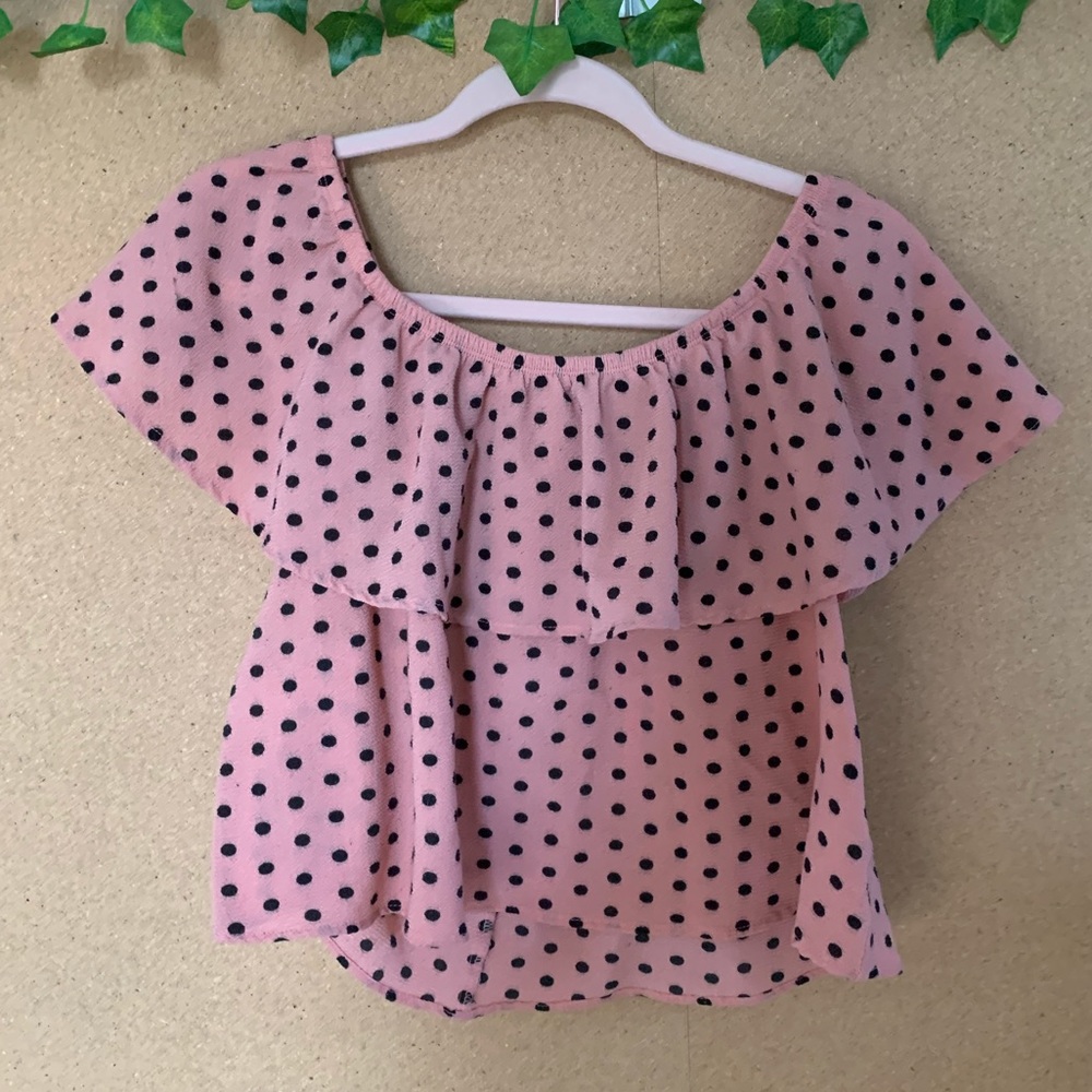 LOWBALLS ACCEPTED off shoulder pink polka dot top